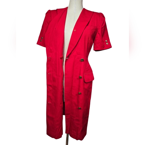 Kasper For A.S.L Petite Red Vintage Military Padded Gold Button Down Dress 4P - Picture 8 of 12